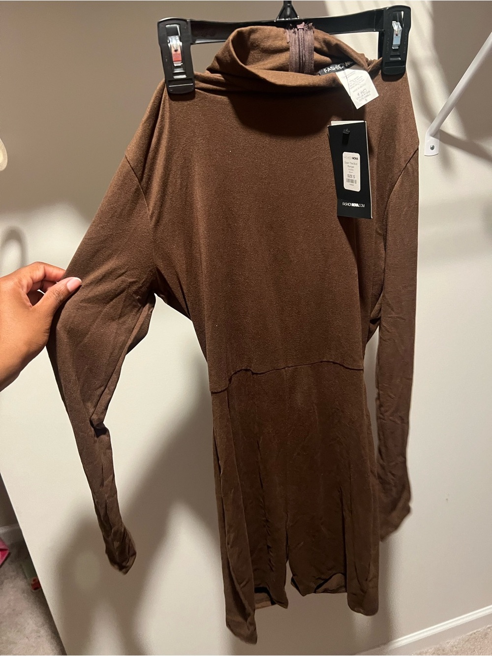 Fashion Nova Brown Long Sleeve Mock Neck Jumpsuit